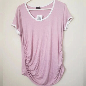 Shiela Rose Top Ruched Sides Pink‎ White Trim Short Sleeve Tunic L
